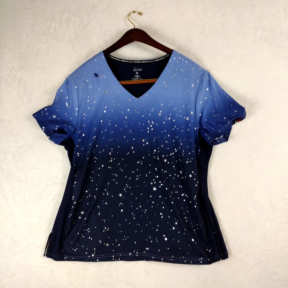 Koi Lite Womens XL Blue Ombre Celestial Star Print Scrub Top V-Neck 370F